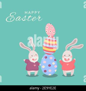 Carte de pâques avec illustrations vectorielles de lapins et d'œufs un fond turquoise pastel Illustration de Vecteur