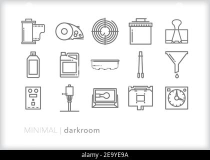 Jeu de 15 icônes de ligne de chambre noire pour le développement de films et impression de photos à partir de négatifs noir et blanc Illustration de Vecteur