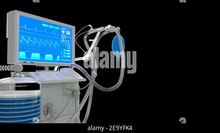 Illustration médicale 3d, ventilateur de poumons USI avec lit rendu, isolé sur noir Banque D'Images