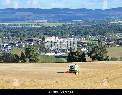 Les moissonneuses-batteuses Claas récoltent de l'orge de printemps, Maryfield, Blairgowrie, Perthshire, Écosse - Grande-Bretagne arable Farming. Banque D'Images