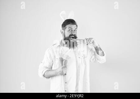 La carotte est composée de vitamines. Heureux et sain. Lapin de Pâques, retenir les carottes. Les oreilles de lapin d'homme barbu contiennent des légumes. Une alimentation saine. Régime végétarien. Pâques en bonne santé. Faits nutritionnels et avantages pour la santé. Banque D'Images