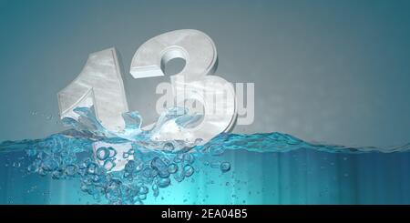 Numéro 13 en lettres épaisses vues de l'avant s'enfoncer dans l'eau éclaboussant avec des gouttes produisant des bulles sous l'eau sur un fond bleu. Illustration 3D Banque D'Images