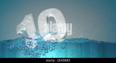 Numéro 10 en lettres épaisses vues de l'avant s'enfoncer dans l'eau éclaboussant avec des gouttes produisant des bulles sous l'eau sur un fond bleu. Illustration 3D Banque D'Images