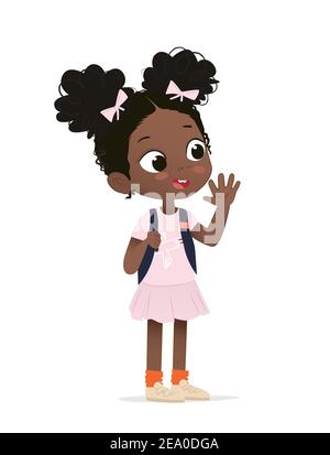 Souriante, une fille afro-américaine agite avec joie sa main. Surprise fille d'école Amuse-toi bien. Illustrations vectorielles. Illustration de Vecteur