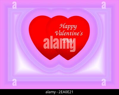 Illustration de l'accueil de la Saint-Valentin comprenant deux grands coeurs rouges joints et à partir du contour de forme de coeur similaire dans la couleur pourpre Banque D'Images