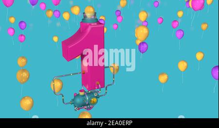 Numéro rouge 1 flottant dans l'air connecté à un compresseur à travers les tuyaux en verre expulsant les ballons à travers les tubes en verre sur un arrière-plan bleu avec jaune Banque D'Images