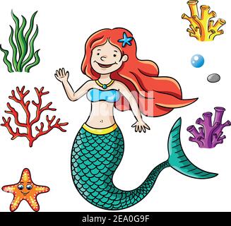 Illustration vectorielle de la sirène avec plusieurs coraux et la vie marine. Illustration de Vecteur
