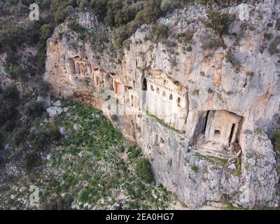 Tombeaux de roche lycienne, Dalyan, Turquie, aérien Banque D'Images