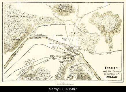 Cette carte, datant des années 1880, montre la ville française de Paris à l'époque de Julian. De 355 à 360, Paris fut dirigé par Julien, neveu de Constantine le Grand et César, ou gouverneur, des provinces romaines occidentales. Lorsqu'il ne faisait pas campagne avec l'armée, il passa les hivers de 357-358 et 358-359 dans la ville vivant dans un palais sur le site du Palais de Justice moderne, où il passa son temps à écrire et à établir sa réputation de philosophe. Banque D'Images