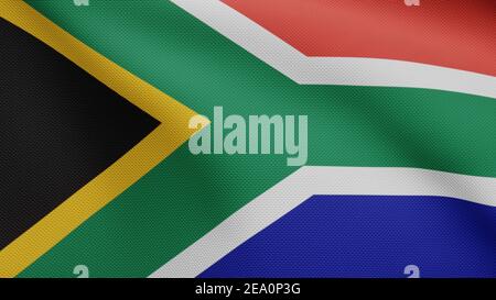 Drapeau RSA africain agitant dans le vent. Gros plan de la bannière sud-africaine soufflant, doux et lisse soie. Tissu texture ensign arrière-plan. Utilisez-le pour Banque D'Images