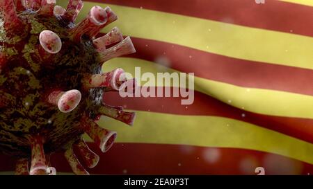 Drapeau de Catalogne agitant avec une épidémie de coronavirus infectant le système respiratoire comme une grippe dangereuse. Virus Covid 19 de type grippal avec interdiction nationale catalane Banque D'Images