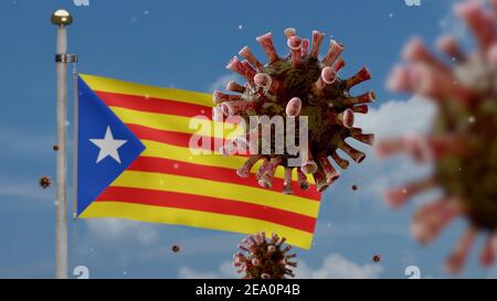 Coronavirus de la grippe flottant au-dessus du drapeau indépendant de la Catalogne, agent pathogène qui attaque les voies respiratoires. Bannière catalane estelada avec pandémie Covid1 Banque D'Images