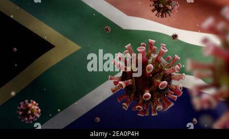 Le coronavirus de la grippe flotte sur le drapeau africain de la RSA, un agent pathogène qui attaque les voies respiratoires. Bannière sud-africaine agitant avec la pandémie de Covid19 vir Banque D'Images