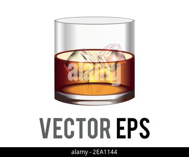 Verre à verre court et plat vectoriel isolé de liqueur brune Icône whisky Scotch avec glaçon Illustration de Vecteur