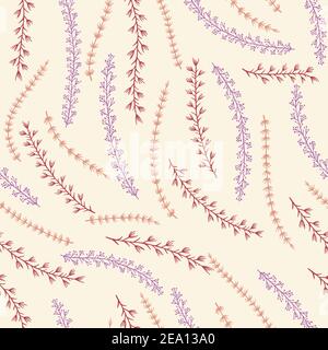 Motif vectoriel sans couture avec éléments floraux dessinés à la main. Coloris rouge, lilas et rose. Illustration de Vecteur