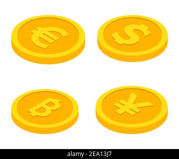 Ensemble d'icônes de pièces. Dollar, euro, yuan, bitcoin. Symboles de devise dans le style 3D isométrique. Illustration vectorielle Illustration de Vecteur