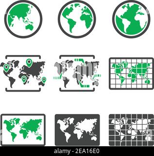 carte du monde, ensemble d'icônes de globe Illustration de Vecteur