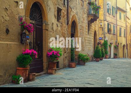 Vue imprenable sur la rue toscane. Jolies maisons médiévales en pierre et rue pavée avec entrées fleuries, Pienza, Toscane, Italie, Europe Banque D'Images