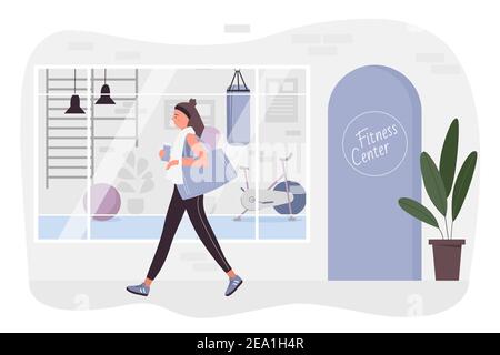 Centre de fitness, illustration vectorielle du centre d'entraînement. Dessin animé jeune femme personnage dans les vêtements de sport, sac de gym, bouteille d'eau dans les mains marchant de la ville club de fitness, style de vie sain isolé sur blanc Illustration de Vecteur