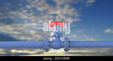 Tuyauterie d'eau. Pipeline en métal industriel de couleur bleue et valve avec roue rouge sur fond bleu ciel, bannière. Usine de traitement de l'eau potable. illustration 3d Banque D'Images