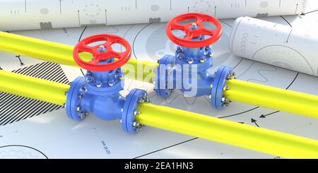 Vanne de canalisation de l'usine de pétrole et de gaz. Pipeline et vanne industriels avec plans de la roue rouge, usine chimique, conception et construction de projets. 3d Banque D'Images