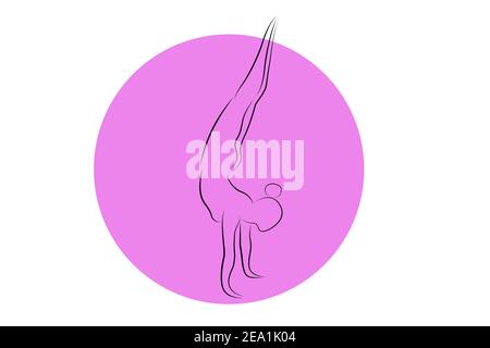 Silhouette féminine d'une femme gymnaste sur fond de cercle violet sur fond blanc. Logo gymnastique et acrobatie. Illustration vectorielle. Illustration de Vecteur