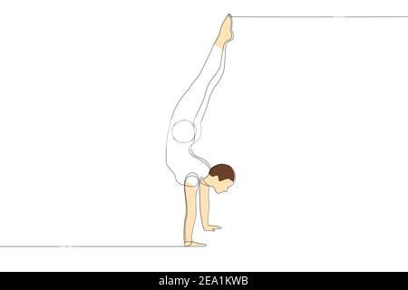 Une ligne continue avec une peau et des cheveux colorés. Un mâle acrobat se tient dans ses bras. Illustration vectorielle. Illustration de Vecteur