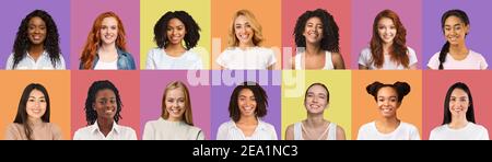 Les jeunes femmes gaies s'éfont des études sur des arrière-plans colorés, le collage Banque D'Images