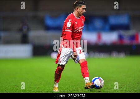 HIGH WYCOMBE, ANGLETERRE. 6 FÉVRIER : Anthony Knockaert (28) de la forêt de Nottingham lors du match de championnat Sky Bet entre Wycombe Wanderers et la forêt de Nottingham à Adams Park, High Wycombe le samedi 6 février 2021. (Credit: Jon Hobley | MI News) Credit: MI News & Sport /Alay Live News Banque D'Images