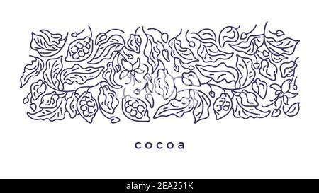 Motif cacao. Motif de ligne artistique. Vecteur plante abstraite, simplement feuilles, fleur, grain. Illustration florale sur fond blanc. Cho foncé organique Illustration de Vecteur