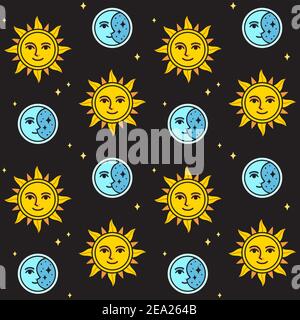 Motif soleil et lune sans couture sur fond noir. Motif soleil et lune de style vintage. Illustration de clip art vectoriel. Illustration de Vecteur