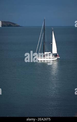 Yacht blanc marin ancré au large de la plage de Maenporth, près de Falmouth, Cornouailles. Situé dans une mer bleue calme, avec des reflets et une vue arrière sur la tournière. Banque D'Images