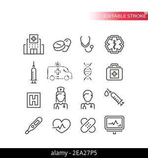 Jeu d'icônes vecteur de ligne médicale ou médicale. Icônes d'hôpital, d'infirmière, de médecin ; symboles de contour des pilules et du stéthoscope, contour modifiable. Illustration de Vecteur