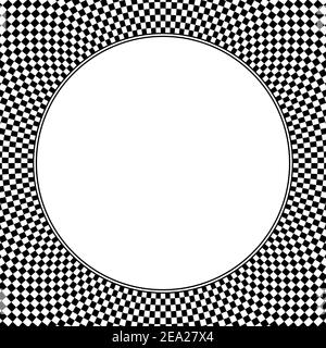 Arrière-plan en damier de forme carrée, avec un cercle blanc vierge au milieu. Texture à motif à carreaux, en carrés noirs et blancs. Banque D'Images