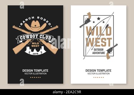 Ensemble d'affiches de club de cowboy, prospectus. Rodéo Ranch. Illustration vectorielle. Concept pour chemise, logo, imprimé, timbre, tee-shirt avec cowboy et fusil de chasse. Motif typographique vintage avec silhouette de carabine sauvage de l'ouest et de l'ouest. Illustration de Vecteur