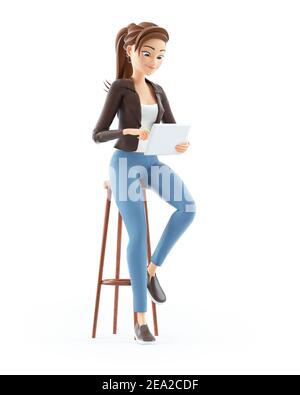 caricature 3d femme assise sur un tabouret avec une tablette, illustration isolée sur fond blanc Banque D'Images