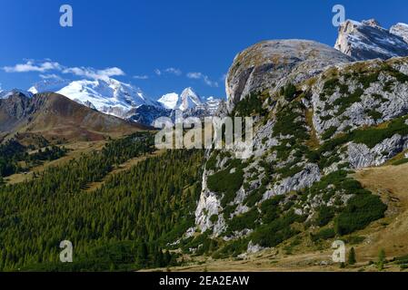 Marmolata Group, Marmolada, vue depuis le col de Valparola, Dolomites, Tyrol du Sud, Vénétie, Italie Banque D'Images