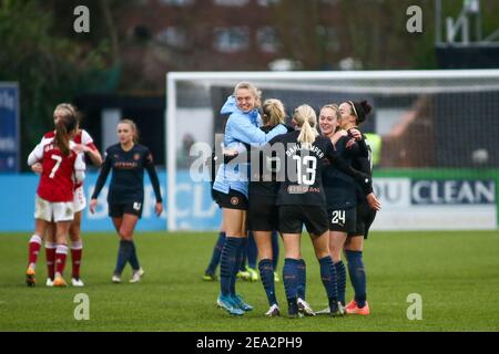 Borehamwood, Royaume-Uni. 07e février 2021. Les joueurs de Manchester City célèbrent leur victoire lors du match de Super League féminin de la FA entre Arsenal et Manchester City à Meadow Park à Borehamwood. Crédit: SPP Sport presse photo. /Alamy Live News Banque D'Images