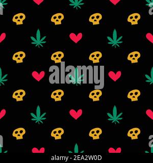 Motif de crâne marijuana Love sans coutures. Illustration vectorielle dessinée à la main. Pour la conception de surface, l'impression, l'affiche, l'icône, le Web, les dessins graphiques. Illustration de Vecteur