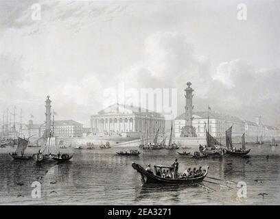 La Bourse, qui sert aujourd'hui de musée de l'Ermitage pour abriter la collection heraldique du musée vue de la rivière Neva. Saint-Pétersbourg, Rus Banque D'Images