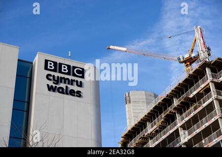 Cardiff, pays de Galles - 3 février 2021 : vue générale de la BBC Cymru Wales Nouvelle maison de radiodiffusion, Central Square, Cardiff, pays de Galles Banque D'Images