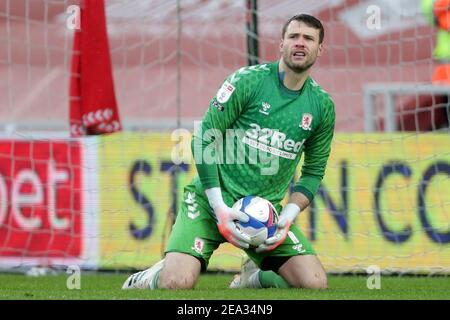 Marcus Bettinelli, gardien de but du Middlesbrough, en action pendant le match du championnat Sky Bet à Riverside, Middlesbrough. Date de la photo: Samedi 6 février 2021. Banque D'Images