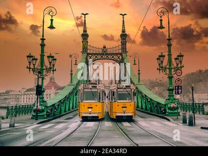 Deux trams jaunes anciens sur le pont Liberty à Budapest. Architecture de style Art nouveau. Banque D'Images