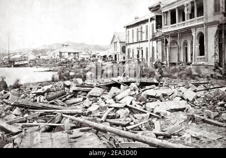 Photo de la fin du XIXe siècle - dégâts causés par la tempête du typhon sur le Bund, Kobe, Japon, 1871 Banque D'Images