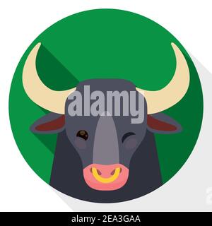 Jolie tête de boeuf se tordre à vous sur le bouton rond vert dans le style plat et l'effet d'ombre longue. Illustration de Vecteur