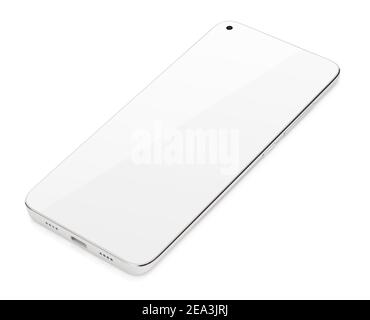 Smartphone blanc moderne avec écran tactile blanc couché. Smartphone sur un arrière-plan blanc isolé avec un masque Banque D'Images
