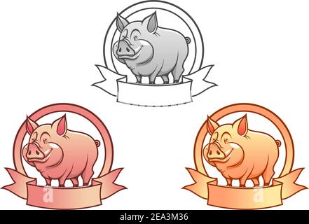 Cartoon mascot cochon de ferme avec le ruban pour l'agriculture concept Illustration de Vecteur