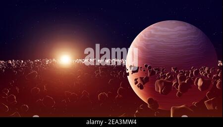 Planète Saturne ou Jupiter gros plan, avec anneaux et soleil, illustration 3d Banque D'Images