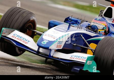 Le pilote canadien de Formule 1 Jacques Villeneuve (équipe Sauber Petronas) pendant le Grand Prix de Saint-Marin, circuit Imola, Italie, le 24 avril 2005. Photo de Thierry Gromik/ABACA. Banque D'Images