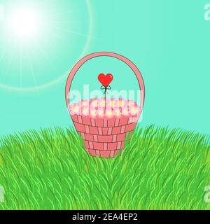 Panier avec fleurs roses et coeur rouge. Illustration de Vecteur